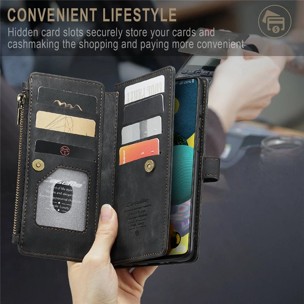For Samsung Galaxy A51 4G SM-A515 Phone Cases with Strap CASEME C30 Zipper Multiple Card Holder PU Leather Cover - Black - 5