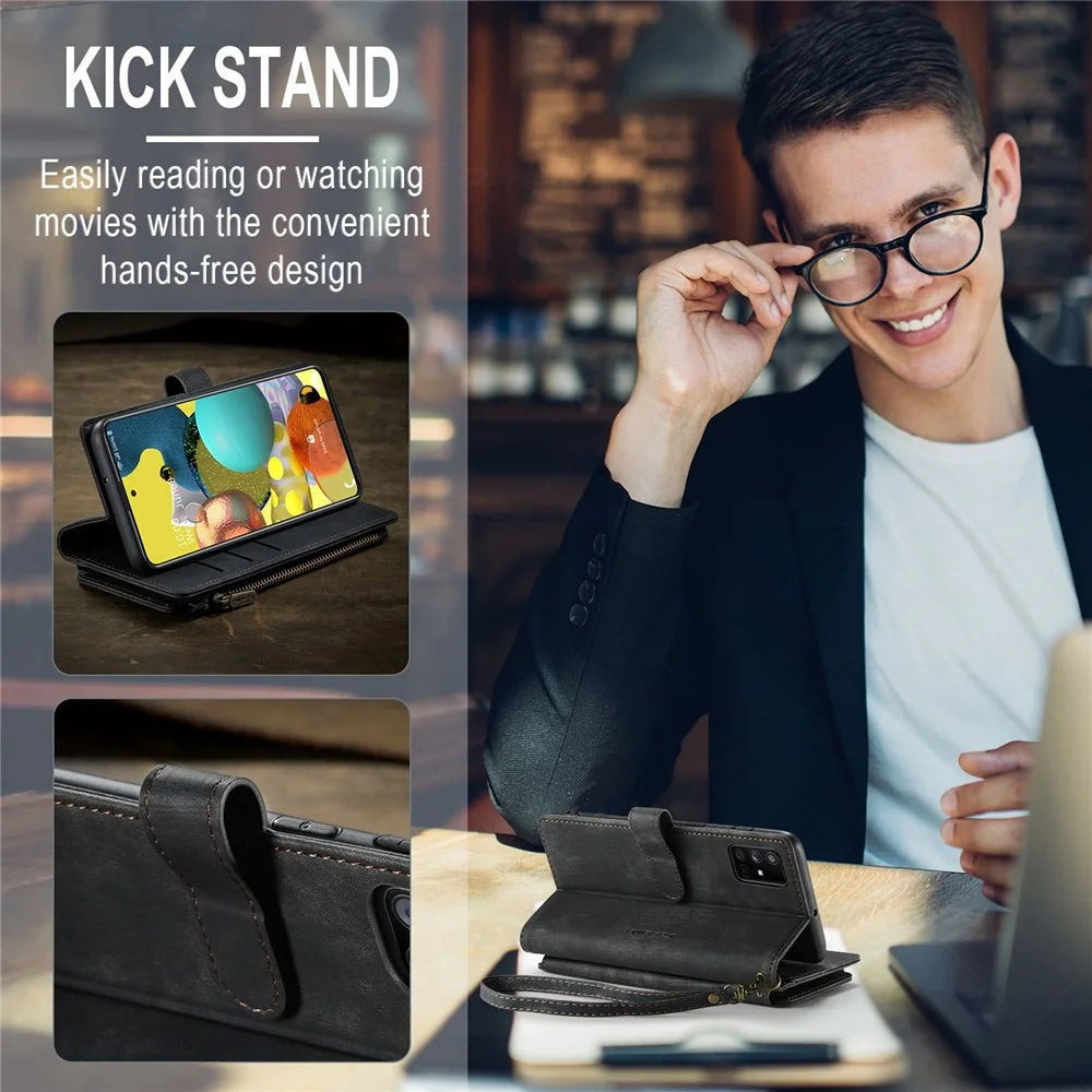 For Samsung Galaxy A51 4G SM-A515 Phone Cases with Strap CASEME C30 Zipper Multiple Card Holder PU Leather Cover - Black - 7