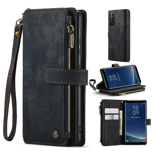 For Samsung Galaxy S22 5G Phone Cases with Strap CASEME C30 Zipper Multiple Card Holder PU Leather Cover - Black - 1