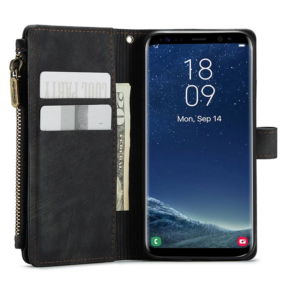For Samsung Galaxy S22 5G Phone Cases with Strap CASEME C30 Zipper Multiple Card Holder PU Leather Cover - Black - 4