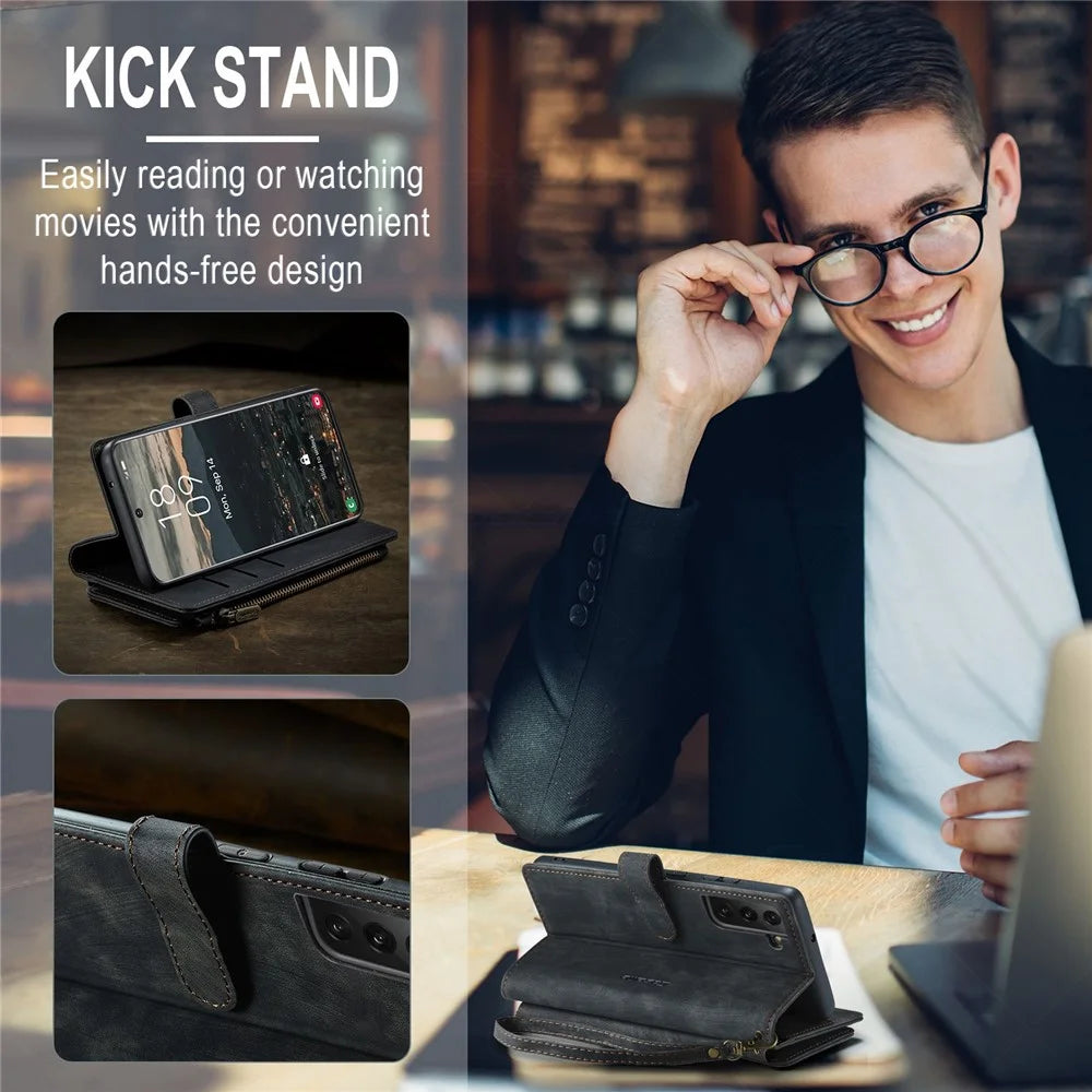 For Samsung Galaxy S22 5G Phone Cases with Strap CASEME C30 Zipper Multiple Card Holder PU Leather Cover - Black - 7
