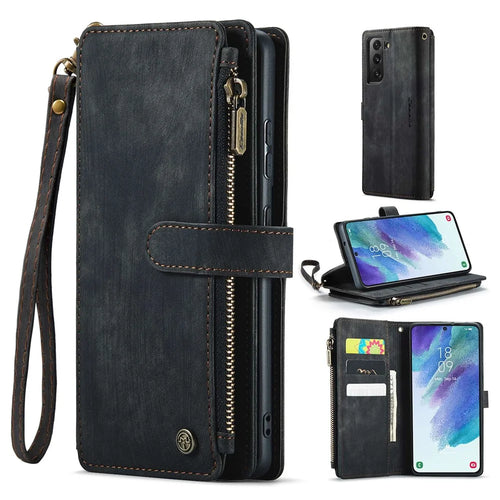 For Samsung Galaxy S21 FE 5G Phone Cases with Strap CASEME C30 Zipper Multiple Card Holder PU Leather Cover - Black - 1