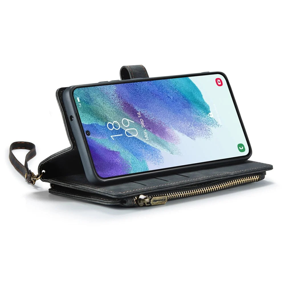 For Samsung Galaxy S21 FE 5G Phone Cases with Strap CASEME C30 Zipper Multiple Card Holder PU Leather Cover - Black - 2