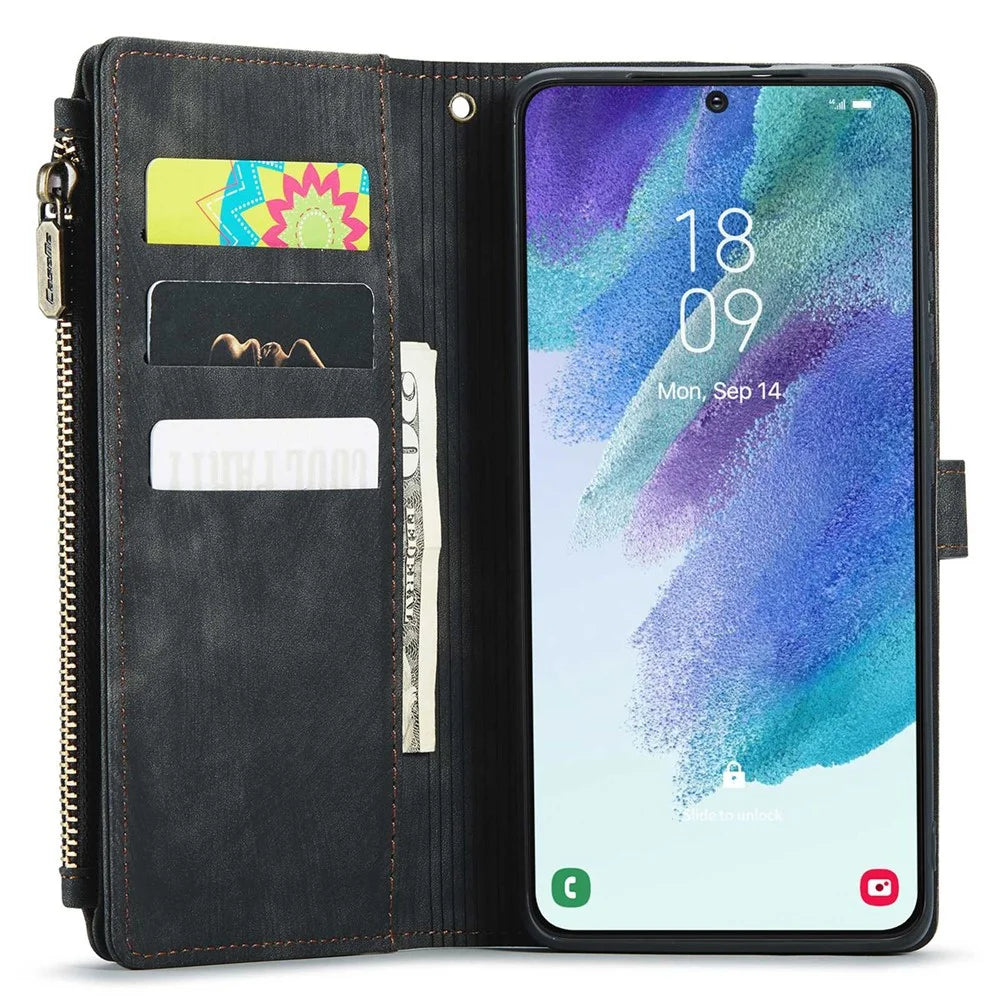 For Samsung Galaxy S21 FE 5G Phone Cases with Strap CASEME C30 Zipper Multiple Card Holder PU Leather Cover - Black - 3