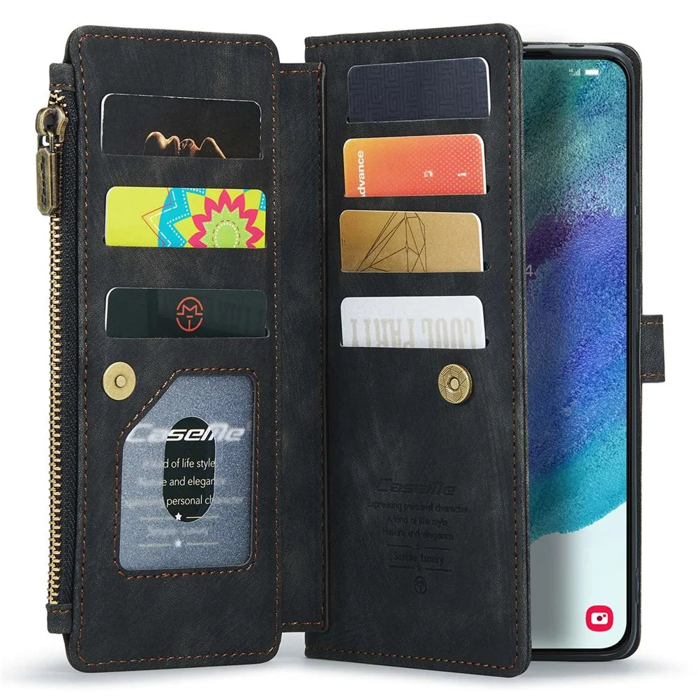 For Samsung Galaxy S21 FE 5G Phone Cases with Strap CASEME C30 Zipper Multiple Card Holder PU Leather Cover - Black - 4