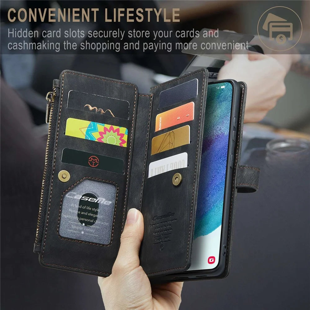 For Samsung Galaxy S21 FE 5G Phone Cases with Strap CASEME C30 Zipper Multiple Card Holder PU Leather Cover - Black - 5