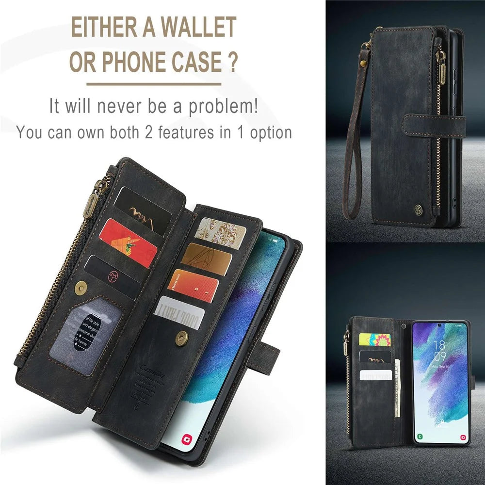 For Samsung Galaxy S21 FE 5G Phone Cases with Strap CASEME C30 Zipper Multiple Card Holder PU Leather Cover - Black - 6