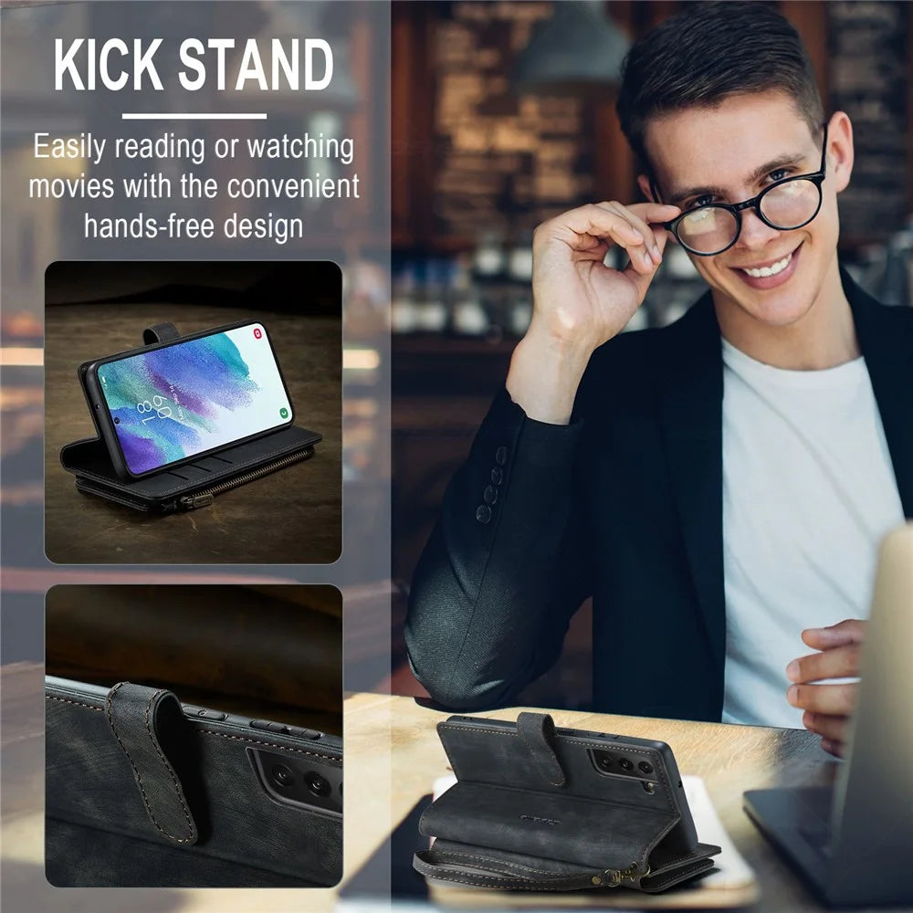 For Samsung Galaxy S21 FE 5G Phone Cases with Strap CASEME C30 Zipper Multiple Card Holder PU Leather Cover - Black - 7