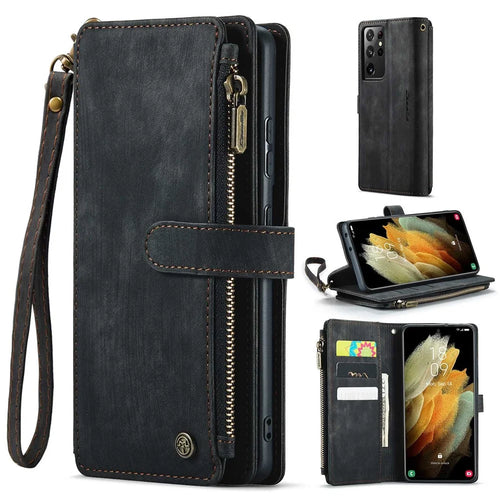 For Samsung Galaxy S21 Ultra 5G Phone Cases with Strap CASEME C30 Zipper Multiple Card Holder PU Leather Cover - Black - 1