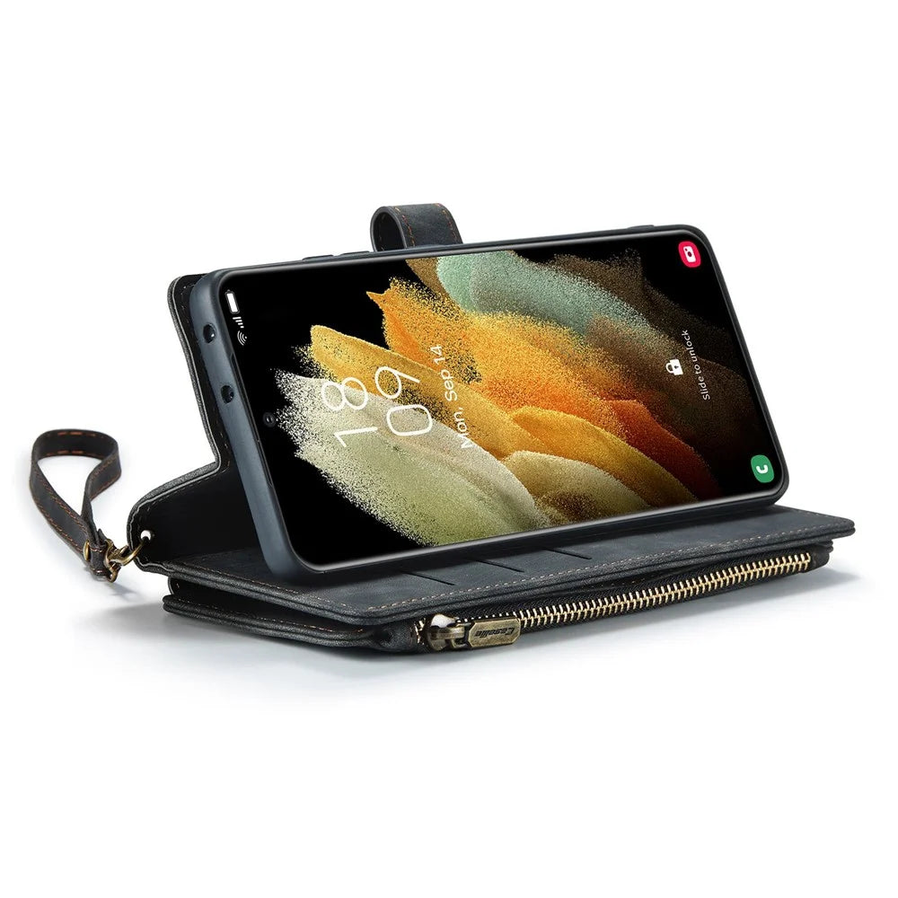 For Samsung Galaxy S21 Ultra 5G Phone Cases with Strap CASEME C30 Zipper Multiple Card Holder PU Leather Cover - Black - 2