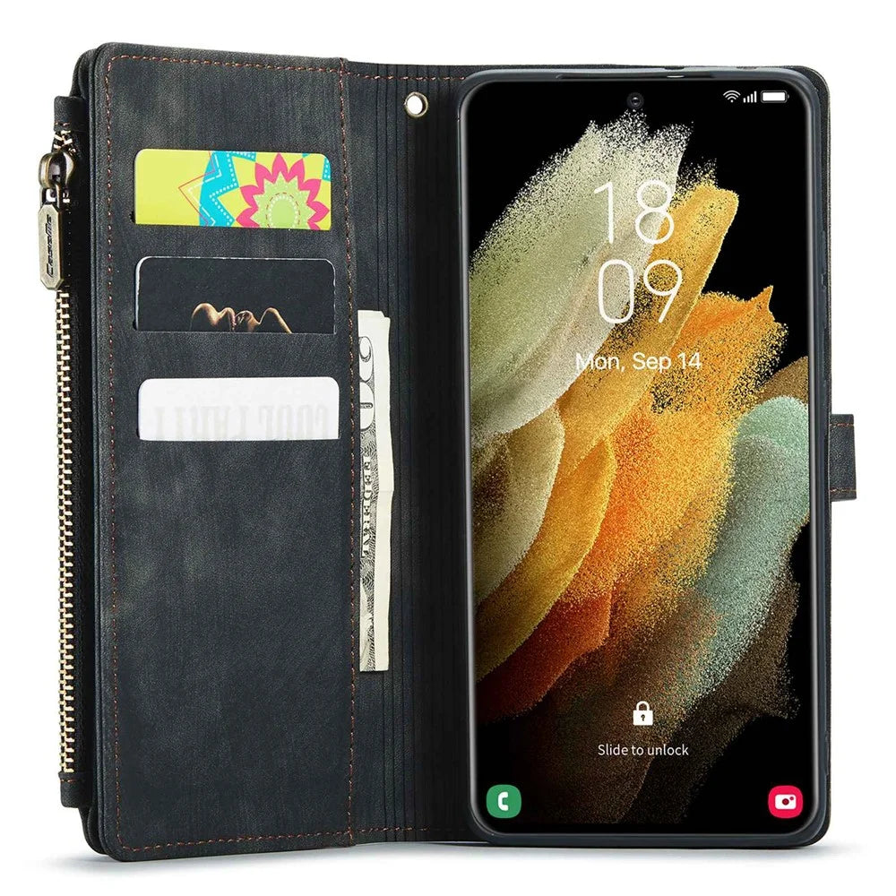 For Samsung Galaxy S21 Ultra 5G Phone Cases with Strap CASEME C30 Zipper Multiple Card Holder PU Leather Cover - Black - 3