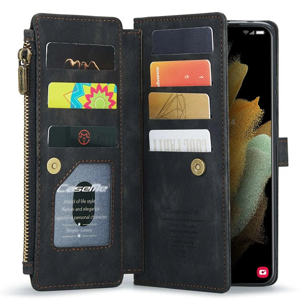 For Samsung Galaxy S21 Ultra 5G Phone Cases with Strap CASEME C30 Zipper Multiple Card Holder PU Leather Cover - Black - 4