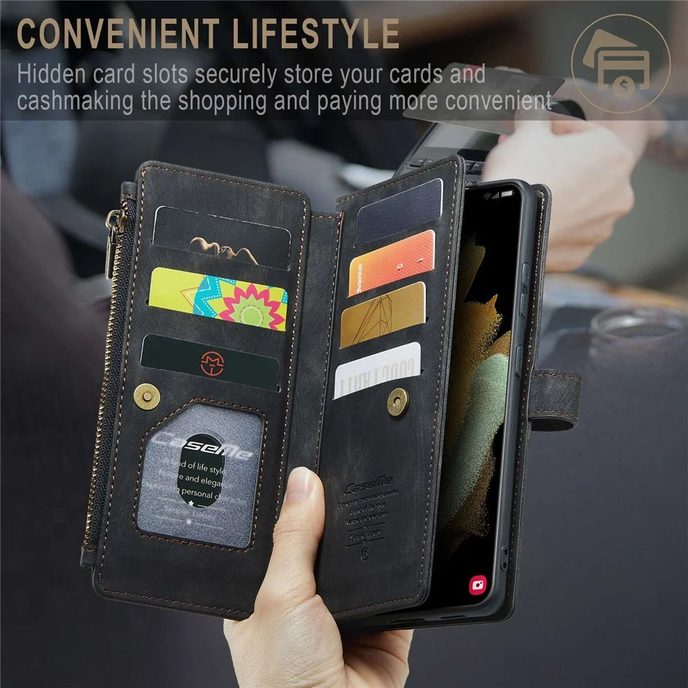 For Samsung Galaxy S21 Ultra 5G Phone Cases with Strap CASEME C30 Zipper Multiple Card Holder PU Leather Cover - Black - 5