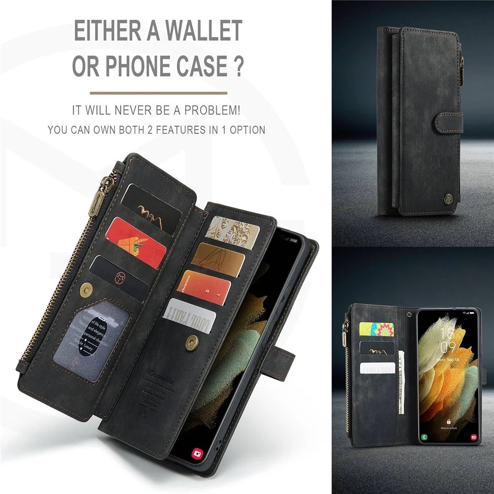 For Samsung Galaxy S21 Ultra 5G Phone Cases with Strap CASEME C30 Zipper Multiple Card Holder PU Leather Cover - Black - 6