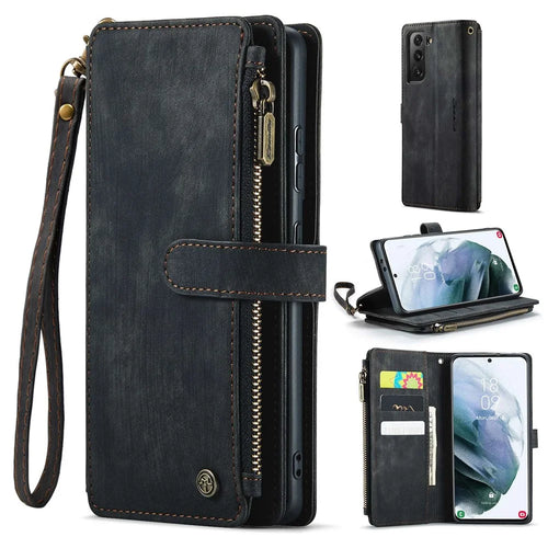 For Samsung Galaxy S21+ 5G Phone Cases with Strap CASEME C30 Zipper Multiple Card Holder PU Leather Cover - Black - 1