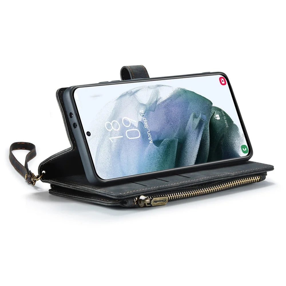 For Samsung Galaxy S21+ 5G Phone Cases with Strap CASEME C30 Zipper Multiple Card Holder PU Leather Cover - Black - 2