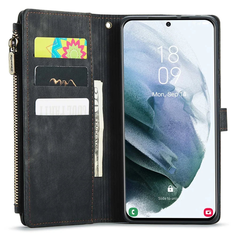 For Samsung Galaxy S21+ 5G Phone Cases with Strap CASEME C30 Zipper Multiple Card Holder PU Leather Cover - Black - 3