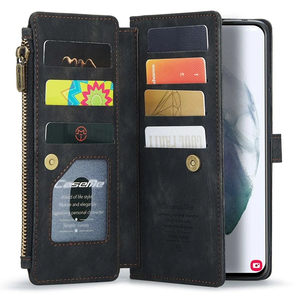 For Samsung Galaxy S21+ 5G Phone Cases with Strap CASEME C30 Zipper Multiple Card Holder PU Leather Cover - Black - 4