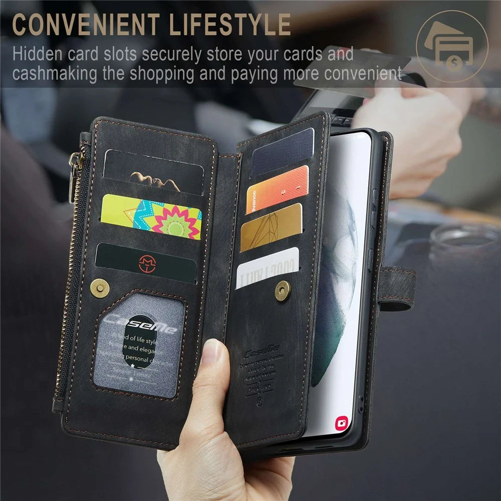 For Samsung Galaxy S21+ 5G Phone Cases with Strap CASEME C30 Zipper Multiple Card Holder PU Leather Cover - Black - 5