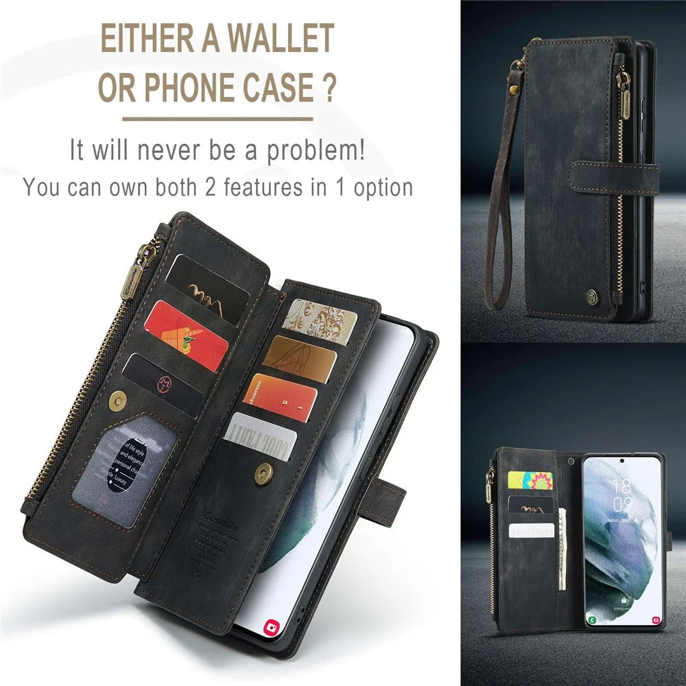 For Samsung Galaxy S21+ 5G Phone Cases with Strap CASEME C30 Zipper Multiple Card Holder PU Leather Cover - Black - 6