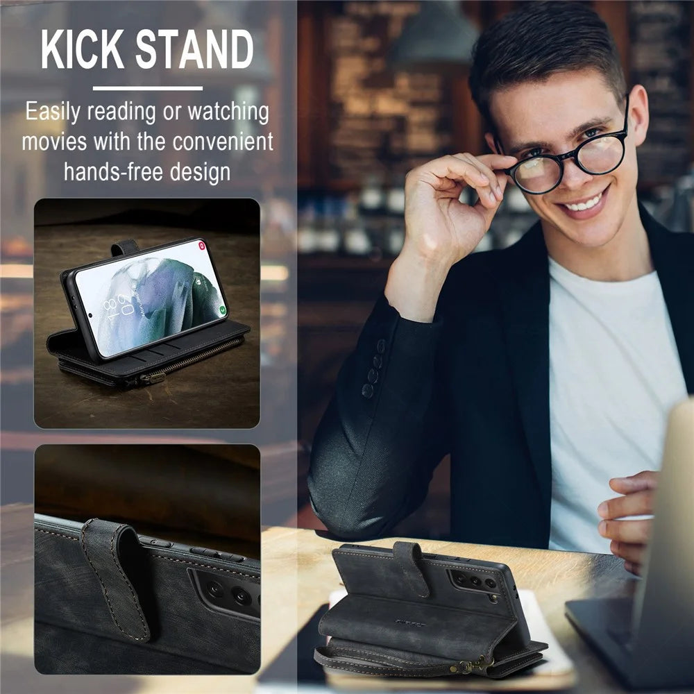 For Samsung Galaxy S21+ 5G Phone Cases with Strap CASEME C30 Zipper Multiple Card Holder PU Leather Cover - Black - 7