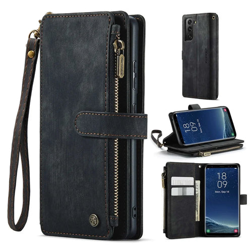 For Samsung Galaxy S21 4G / 5G Phone Cases with Strap CASEME C30 Zipper Multiple Card Holder PU Leather Cover - Black - 1