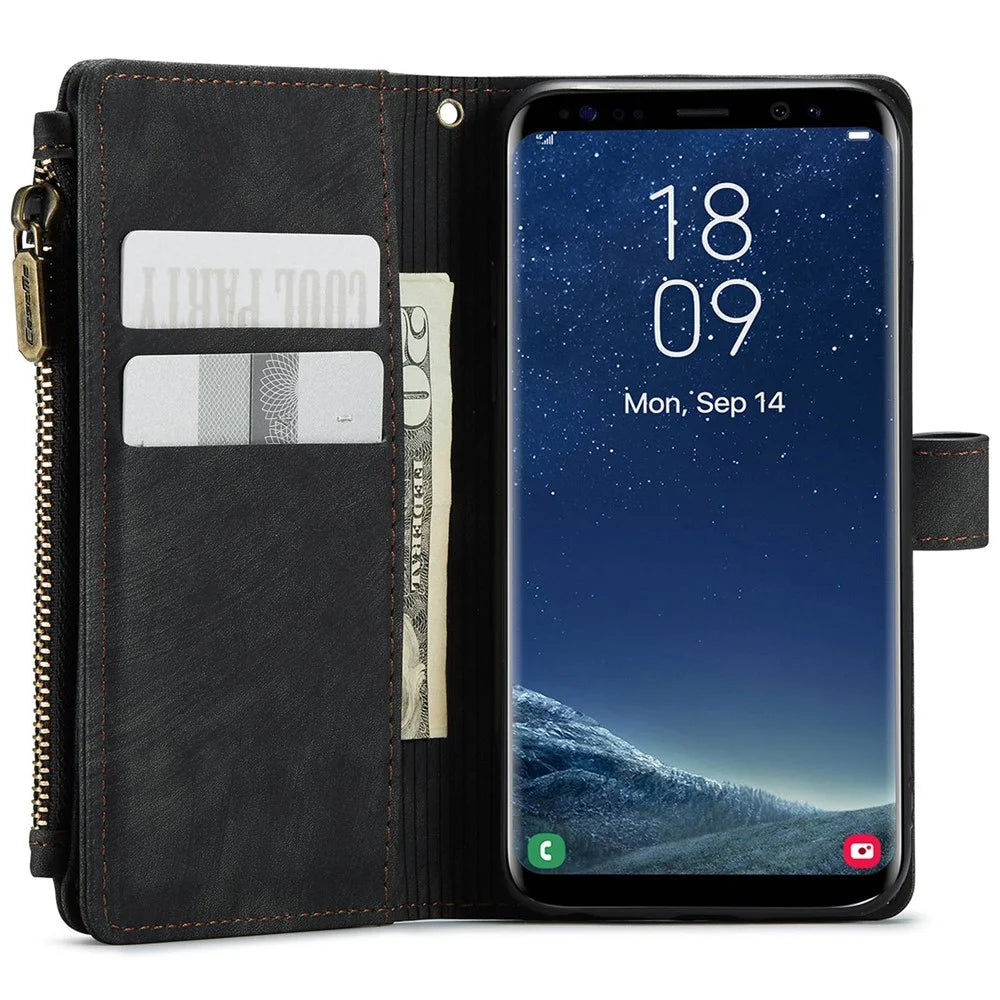 For Samsung Galaxy S21 4G / 5G Phone Cases with Strap CASEME C30 Zipper Multiple Card Holder PU Leather Cover - Black - 4