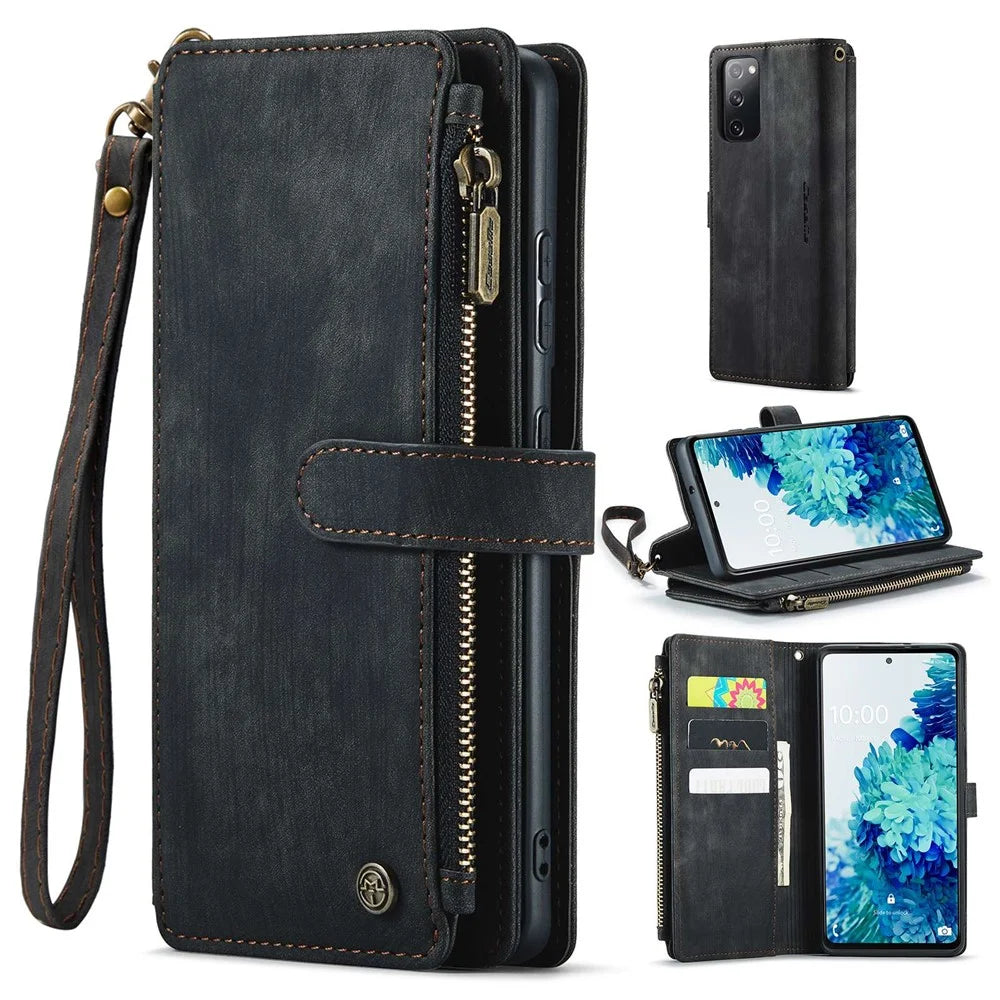 For Samsung Galaxy S20 FE 4G / 5G / S20 FE 2022 / S20 Lite Phone Cases with Strap CASEME C30 Zipper Multiple Card Holder PU Leather Cover - Black - 1