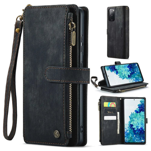 For Samsung Galaxy S20 FE 4G / 5G / S20 FE 2022 / S20 Lite Phone Cases with Strap CASEME C30 Zipper Multiple Card Holder PU Leather Cover - Black - 1