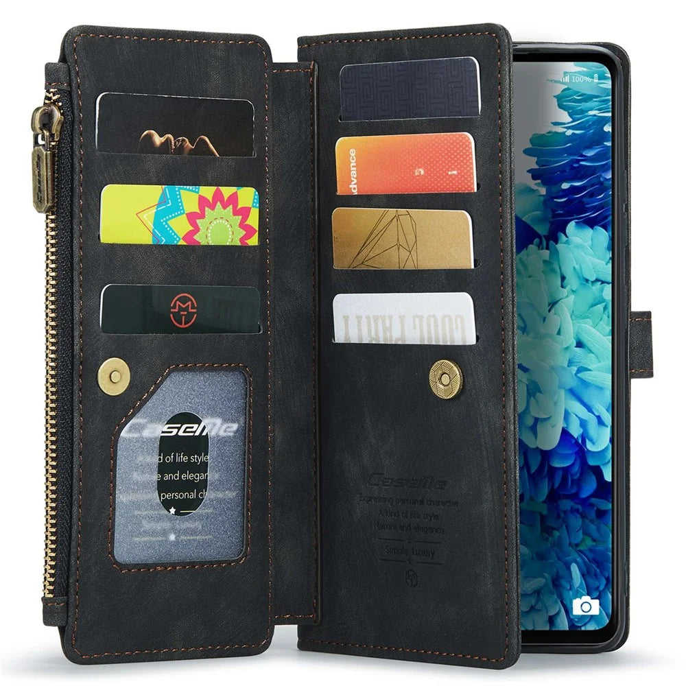 For Samsung Galaxy S20 FE 4G / 5G / S20 FE 2022 / S20 Lite Phone Cases with Strap CASEME C30 Zipper Multiple Card Holder PU Leather Cover - Black - 4
