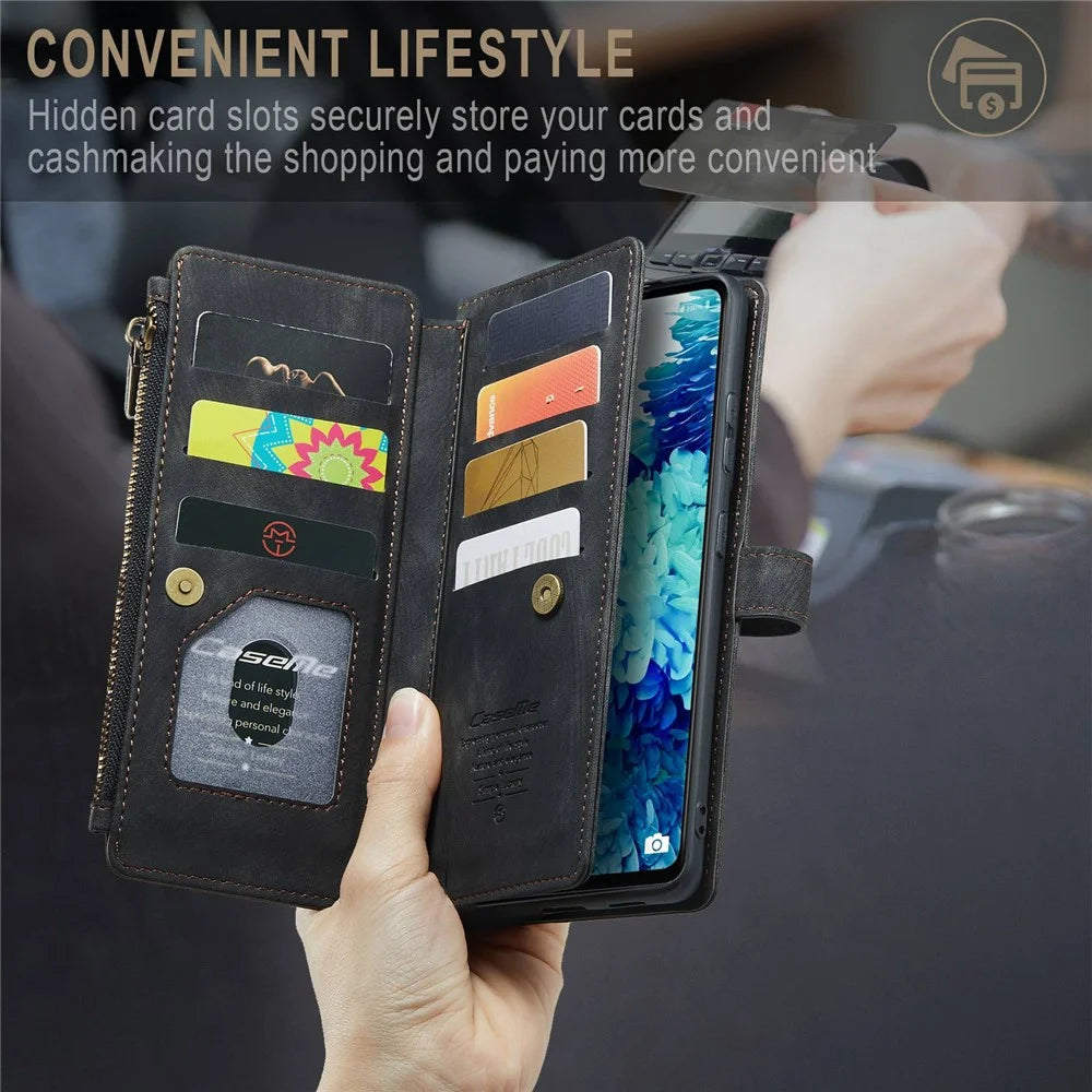 For Samsung Galaxy S20 FE 4G / 5G / S20 FE 2022 / S20 Lite Phone Cases with Strap CASEME C30 Zipper Multiple Card Holder PU Leather Cover - Black - 5