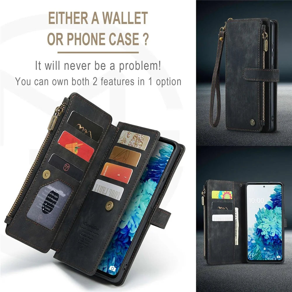 For Samsung Galaxy S20 FE 4G / 5G / S20 FE 2022 / S20 Lite Phone Cases with Strap CASEME C30 Zipper Multiple Card Holder PU Leather Cover - Black - 6