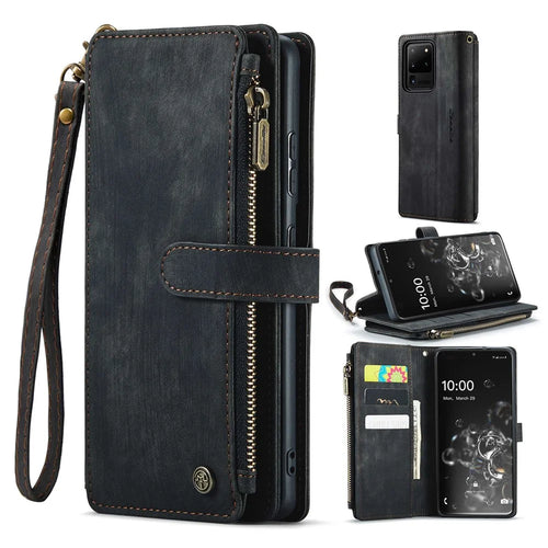 For Samsung Galaxy S20 Ultra 4G / 5G Phone Cases with Strap CASEME C30 Zipper Multiple Card Holder PU Leather Cover - Black - 1