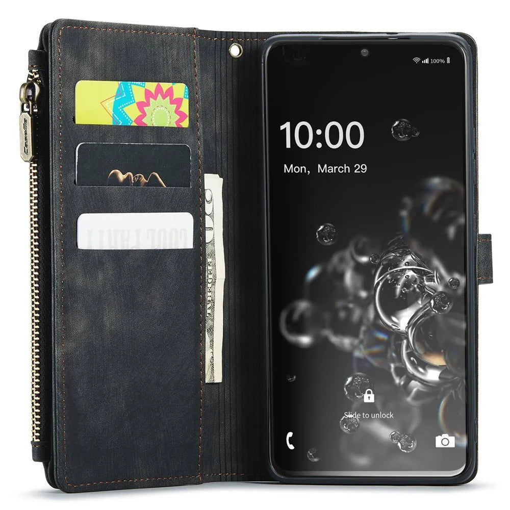 For Samsung Galaxy S20 Ultra 4G / 5G Phone Cases with Strap CASEME C30 Zipper Multiple Card Holder PU Leather Cover - Black - 3