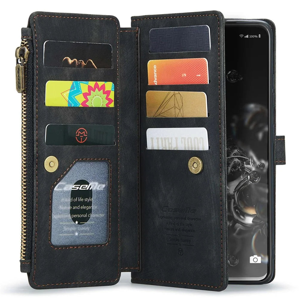 For Samsung Galaxy S20 Ultra 4G / 5G Phone Cases with Strap CASEME C30 Zipper Multiple Card Holder PU Leather Cover - Black - 4