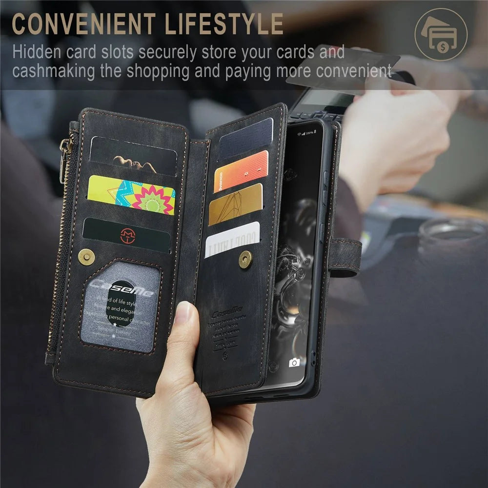 For Samsung Galaxy S20 Ultra 4G / 5G Phone Cases with Strap CASEME C30 Zipper Multiple Card Holder PU Leather Cover - Black - 5