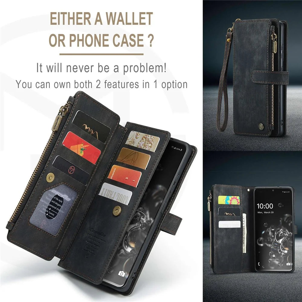 For Samsung Galaxy S20 Ultra 4G / 5G Phone Cases with Strap CASEME C30 Zipper Multiple Card Holder PU Leather Cover - Black - 6