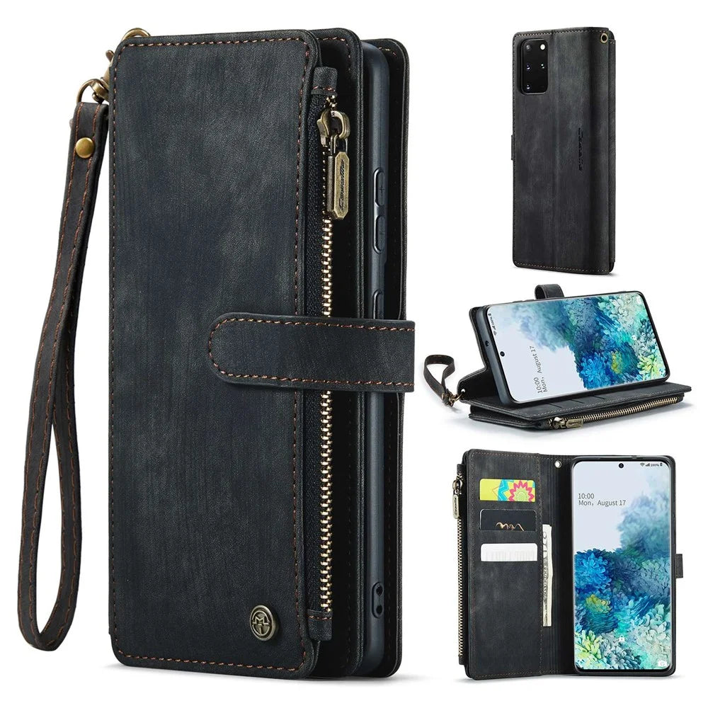 For Samsung Galaxy S20 Plus 4G / 5G Phone Cases with Strap CASEME C30 Zipper Multiple Card Holder PU Leather Cover - Black - 1