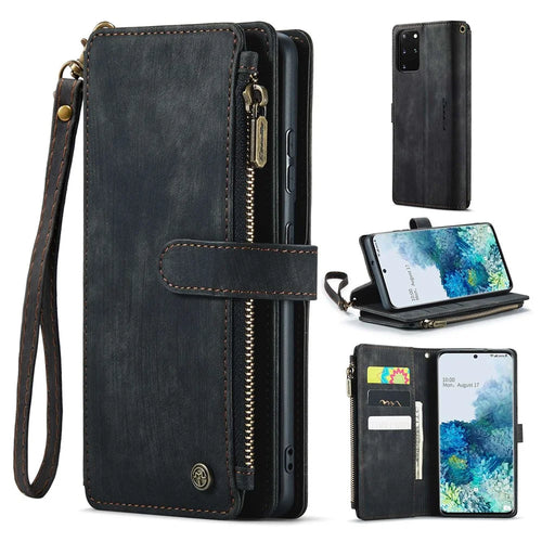 For Samsung Galaxy S20 Plus 4G / 5G Phone Cases with Strap CASEME C30 Zipper Multiple Card Holder PU Leather Cover - Black - 1