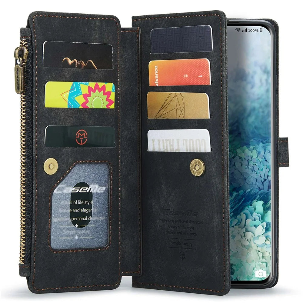 For Samsung Galaxy S20 Plus 4G / 5G Phone Cases with Strap CASEME C30 Zipper Multiple Card Holder PU Leather Cover - Black - 2