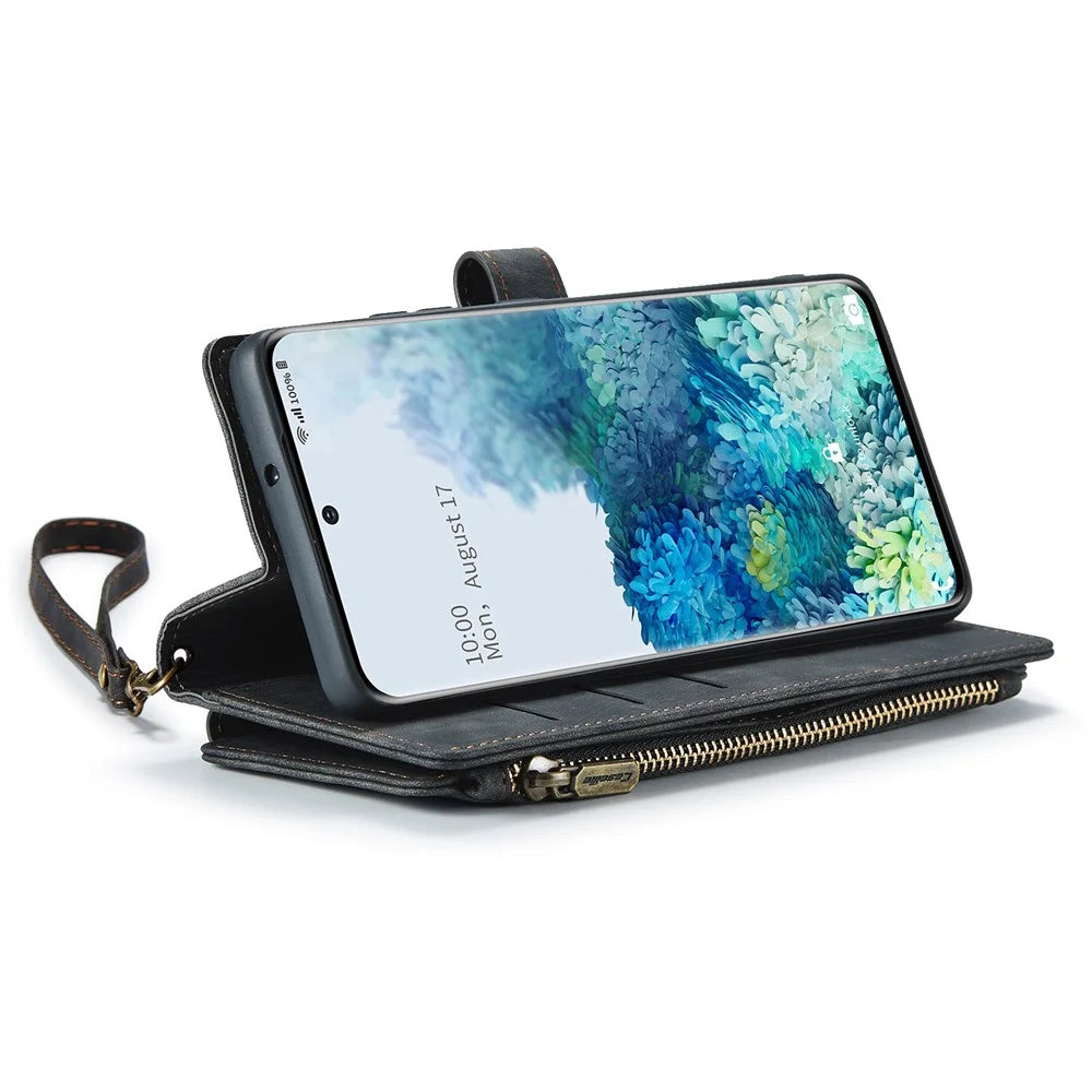 For Samsung Galaxy S20 Plus 4G / 5G Phone Cases with Strap CASEME C30 Zipper Multiple Card Holder PU Leather Cover - Black - 3