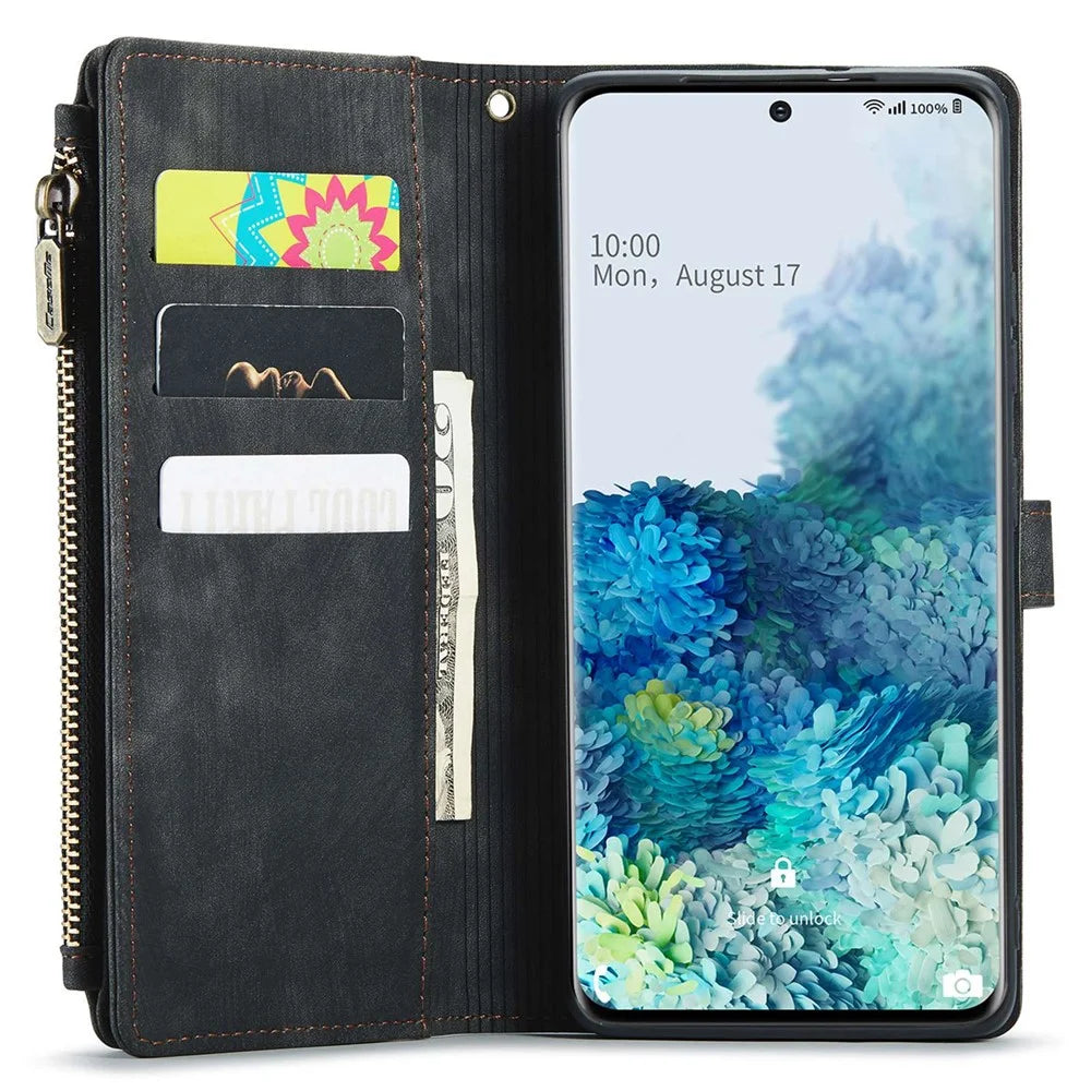 For Samsung Galaxy S20 Plus 4G / 5G Phone Cases with Strap CASEME C30 Zipper Multiple Card Holder PU Leather Cover - Black - 4