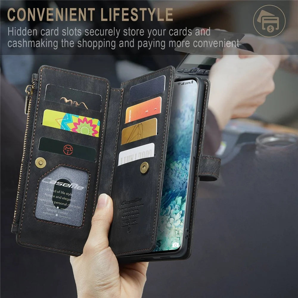 For Samsung Galaxy S20 Plus 4G / 5G Phone Cases with Strap CASEME C30 Zipper Multiple Card Holder PU Leather Cover - Black - 5