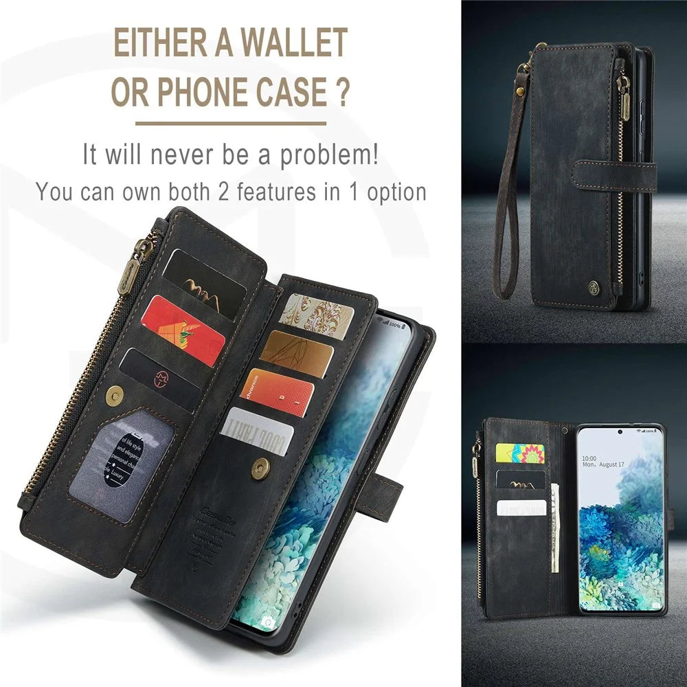 For Samsung Galaxy S20 Plus 4G / 5G Phone Cases with Strap CASEME C30 Zipper Multiple Card Holder PU Leather Cover - Black - 6