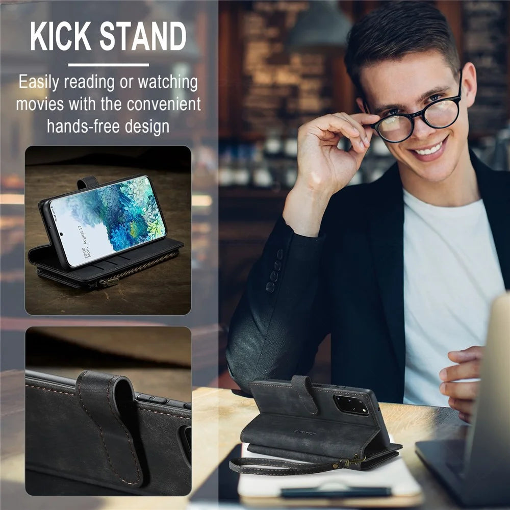 For Samsung Galaxy S20 Plus 4G / 5G Phone Cases with Strap CASEME C30 Zipper Multiple Card Holder PU Leather Cover - Black - 7