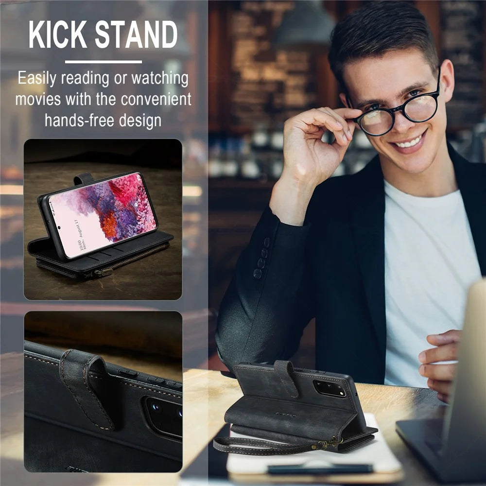 For Samsung Galaxy S20 4G / 5G Phone Cases with Strap CASEME C30 Zipper Multiple Card Holder PU Leather Cover - Black - 7