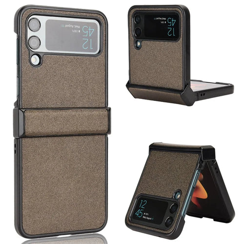 For Samsung Galaxy Z Flip4 5G Sand-like Texture PU Leather + PC Protective Phone Cover Folding Case with Side Hinge Design - Brown - 1