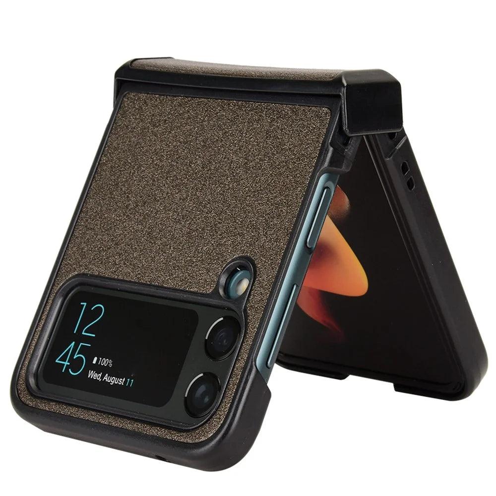 For Samsung Galaxy Z Flip4 5G Sand-like Texture PU Leather + PC Protective Phone Cover Folding Case with Side Hinge Design - Brown - 3