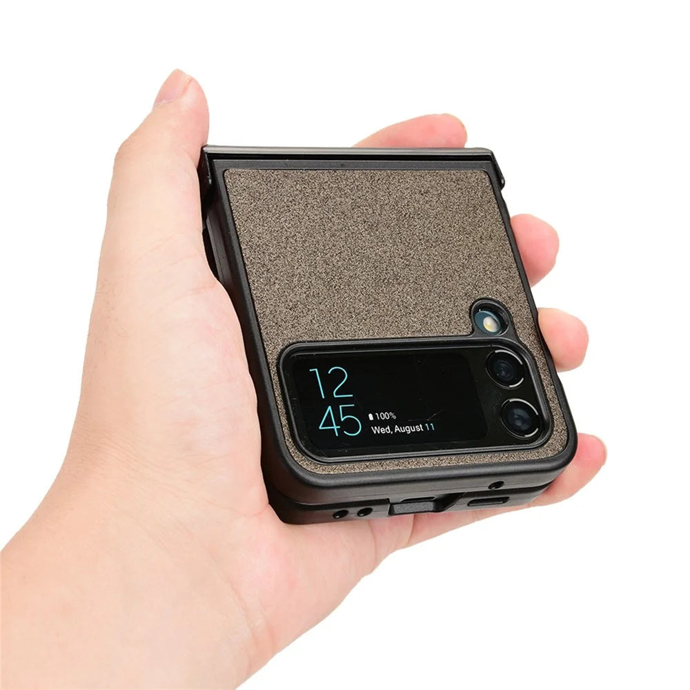 For Samsung Galaxy Z Flip4 5G Sand-like Texture PU Leather + PC Protective Phone Cover Folding Case with Side Hinge Design - Brown - 5
