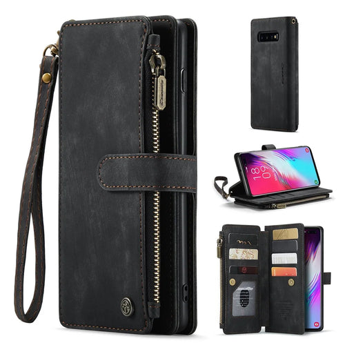 For Samsung Galaxy S10 Plus 4G Phone Cases with Strap CASEME C30 Zipper Multiple Card Holder PU Leather Cover - Black - 1